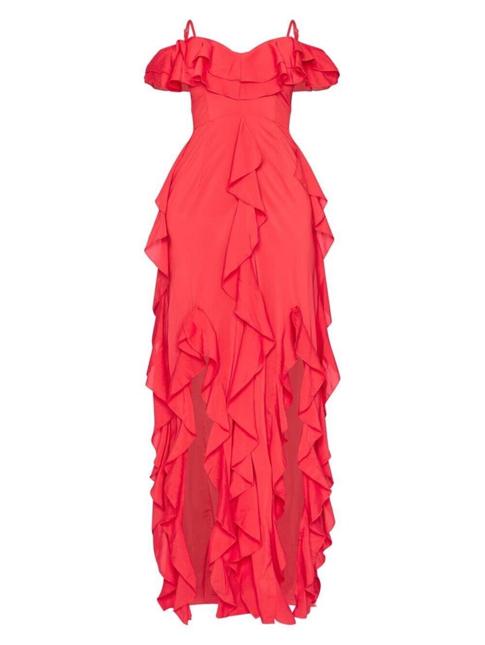 NWT PrettyLittleThing Red Cold Shoulder Ruffle Maxi Dress Size 8 - Picture 1 of 9
